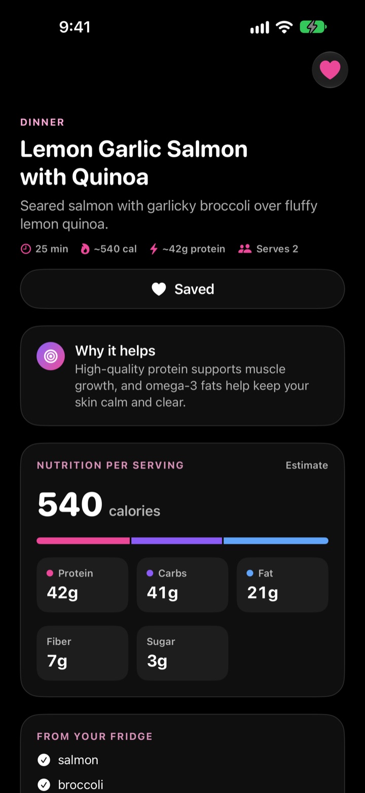 A Fridge AI recipe with ingredients and nutrition